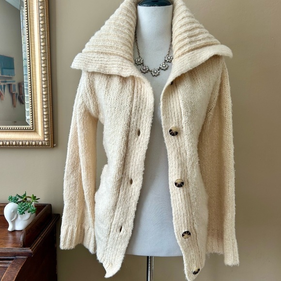 Anthropologie Maeve Coatigan Cream Chunky Knit Cardigan Jacket Wide Collar - Picture 4 of 14